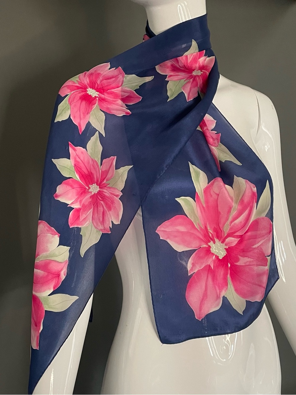 Vintage Vera Neumann Silk Scarf Navy Pink Florals 10 x 52 Good Condition